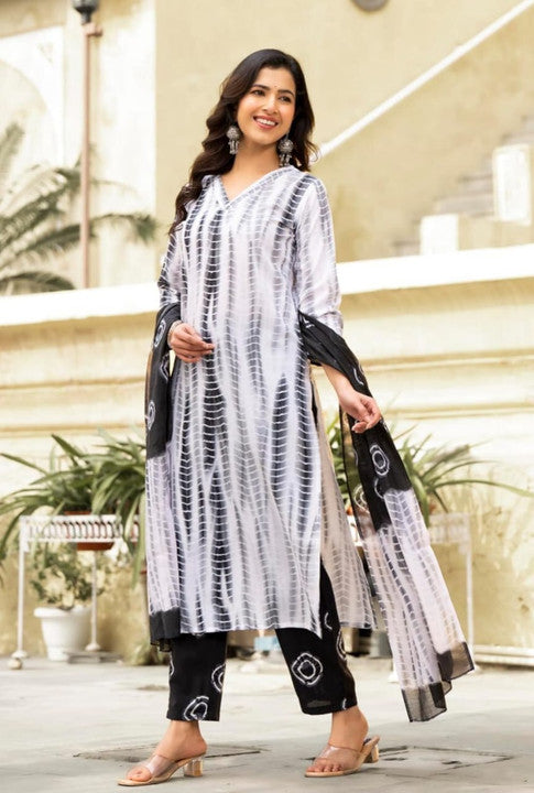 Cotton Shibori Printed Kurta, Trouser/Pant & Dupatta Set