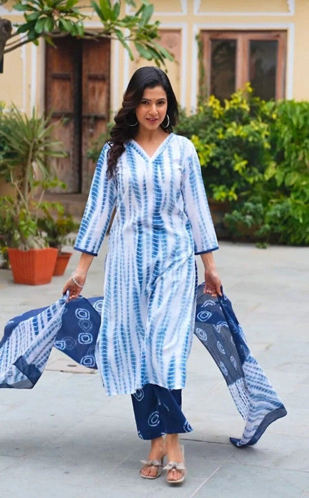Cotton Shibori Printed Kurta, Trouser/Pant & Dupatta Set