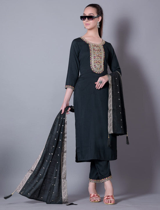 Silk Blend Kurta-Churidar Set (Dupatta Included)