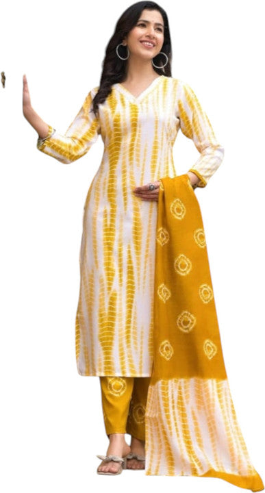 Cotton Shibori Printed Kurta, Trouser/Pant & Dupatta Set