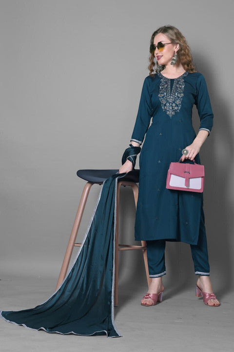 Silk Blend Embroidered Kurta, Trouser/Pant & Dupatta Set