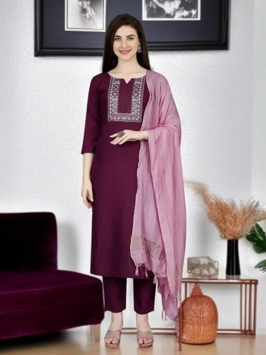 Embroidered Cotton Blend Kurta, Trouser/Pant & Dupatta Set